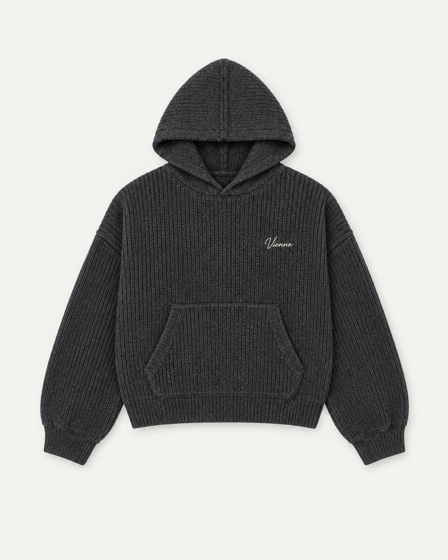 Concept render: charcoal rib knit hoodie with a small Vienne script on the chest