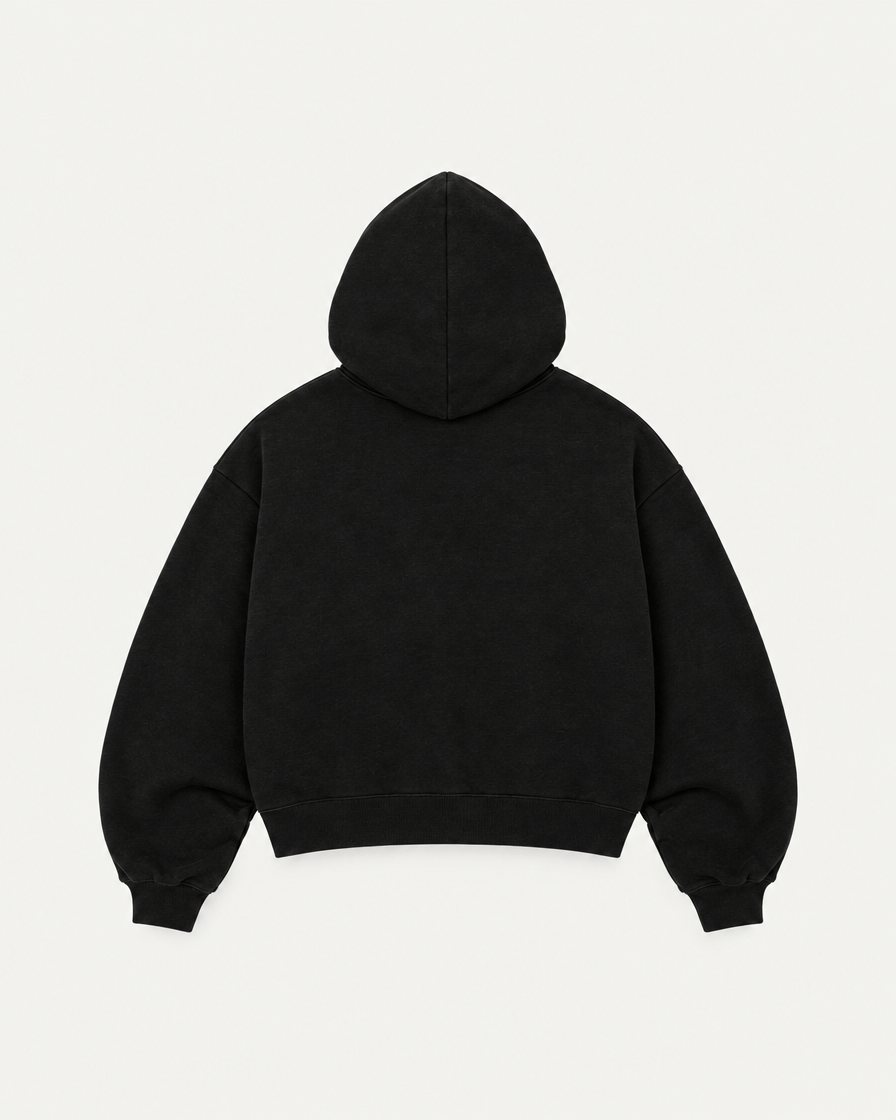 Concept image: black Signé Hoodie, back view, plain back