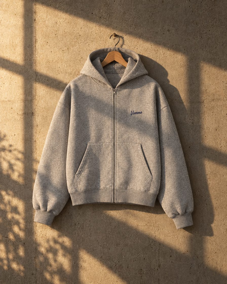 Concept image: heather grey Signé Zip Hoodie, hanging on a concrete wall in golden light