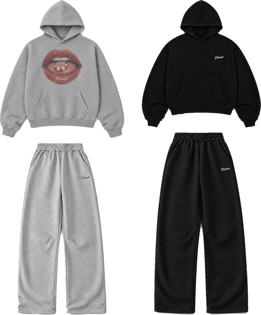 Concept image: the Bonbon Set in heather grey next to the black Signé Set, all four Vol. 01 pieces