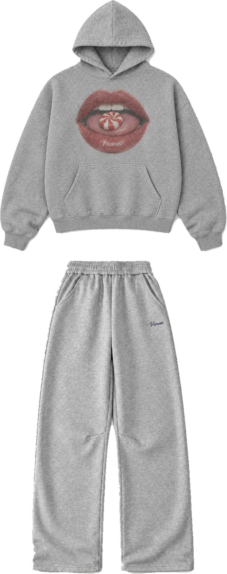 Concept image: the Bonbon Set, the heather grey Bonbon Hoodie above the heather grey Bonbon Sweatpant