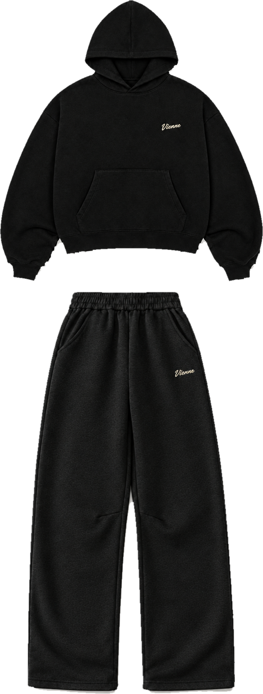 Concept image: the Signé Set, the black Signé Hoodie above the black Signé Sweatpant, both with a cream Vienne script