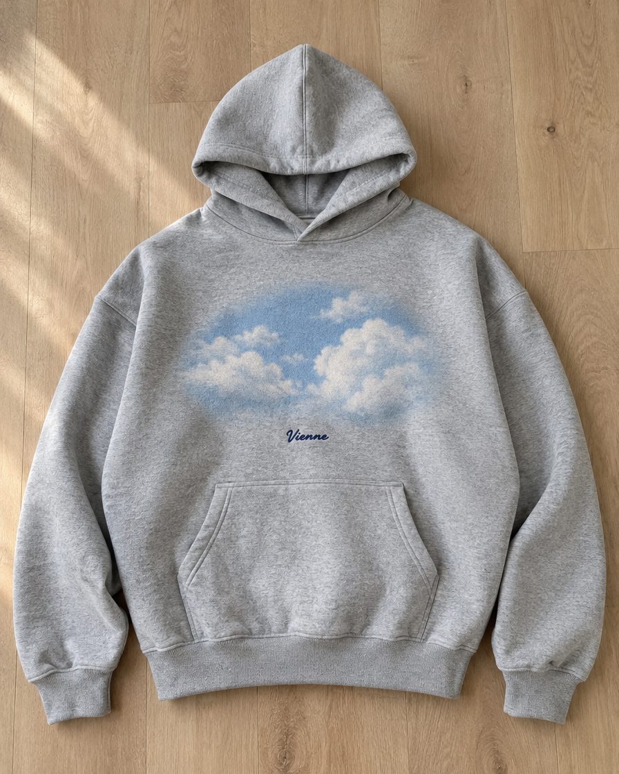 Concept render: heather grey hoodie with an airbrushed sky and clouds graphic